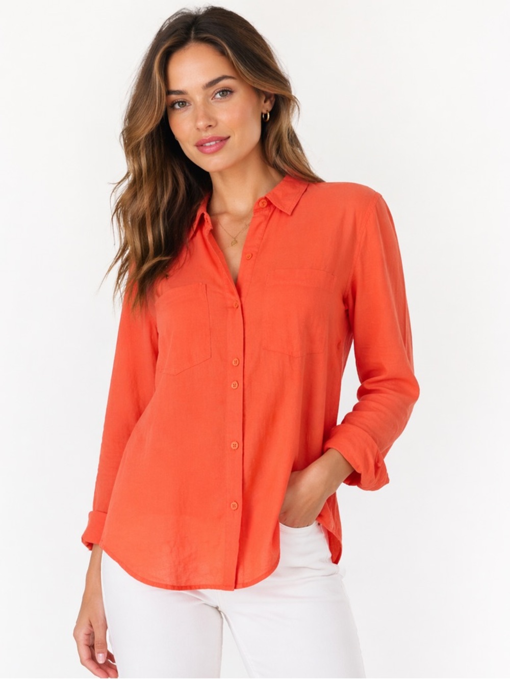 Theory Linen Size Small Women's Coral Button-Down Shirt‎